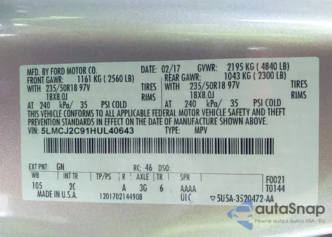 2017 Lincoln Mkc Select z USA, uszkodzony, nr VIN 5LMCJ2C91HUL40643